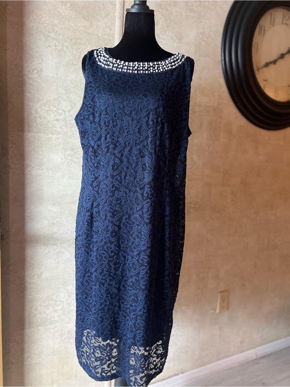 Pinup Couture Navy Lace Maxi Dress with Pearl Neckline
